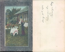 Woman in traditional Welsh costume garden Colwyn Bay Wales Valentine's Series