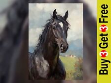 Black Horse Country Field Painting 5"x7" Print on Matte Paper for Wall Decor