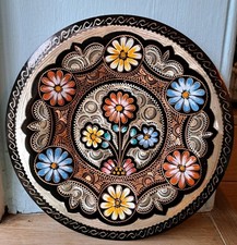 Vintage Turkish Hand Etched & Painted Wall Plate With Traditional Floral Design