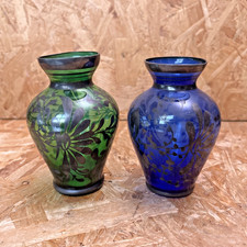 2x Vintage Venetian Murano Glass Vase Cobalt Blue & Emerald Green Silver Overlay