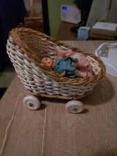 Vintage Wicker miniature Baby Basket Carriage Stroller + 2 German ari Dolls.
