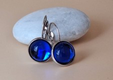 Silver Sapphire Blue Leverback Earrings Blue Drop Earrings Glass Blue Earrings