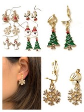 Girls Gold Christmas Drop Dangle Earrings Red Green White - Pierced or Clip On