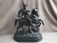 Large Antique Bronzed Knight on Horseback Spelter Warrior Statue Figure 41cm