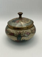 Brass Enamel Dish with Lid Cloisonné Style Floral Design Trinket