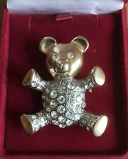 Vintage Large Sparkly Rhinestone Teddy Bear Brooch In Gold Tone