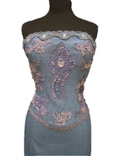 Blue Denim With Beaded and Lace Appliques Bustier/ Trumpet Skirt Outfit, Size 8
