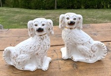 Antique Pair Staffordshire Fireside Wally Dogs Spaniels Maltese, Statues, 23cm