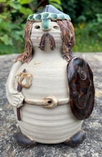 Vintage Fangfoss Studio Pottery FP Viking Man Warrior Figure Moneybox Handmade