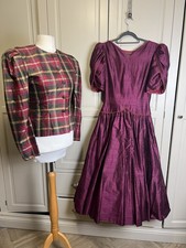 Two piece raw silk Burgundy dress & multi tartan Blazer Size  UK 8 1980s