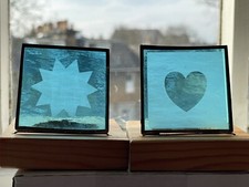 2 Turquoise Blue Tea light Candle Holders Heart Sun Catcher Hand Crafted