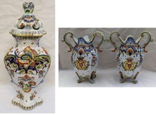 FRENCH VINTAGE ROUEN FAIENCE LIDDED URN + PAIR  ARMORIAL VASES ALL WITH DAMAGE