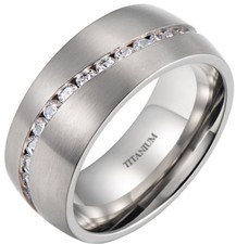 Mens Brushed Titanium Cubic Zirconia Wedding Engagement Band Ring - UK SELLER