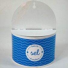 Vintage French Kitchen Wall Hanging White & Blue Metal Salt Container With Lid