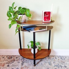Vintage Half Moon Teak Table 3 Tier Console Hall Plant Stand 60s 70s Retro