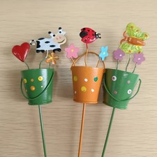 Metal Teapot Plant Sticks | Succulent Holders with Ladybug & Flower Decor NEW!