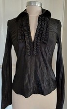 KAREN MILLEN Black SHINY TEXTURED Long Sleeve FRILLED Evening SHIRT Top BLOUSE 8