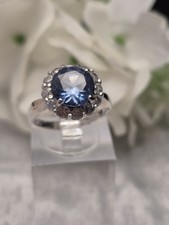 Sterling Silver Large Blue Topaz And White Topaz Cluster. Size P1/2