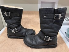 UGG Womens Kensington Black Leather Buckle Sheepskin Mid Moto Boots Size 7 5678