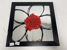 Laura Wallace Framed Decorative Mirror Art with Red Fused Glass Flower Design 