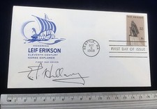 RARE Sir Edmund Hillary Signed 1968 US First Day Cover Leif Erikson VIKING SHIP