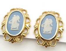 Vintage Wedgwood Earrings Clip On Oval Blue Jasperware Gold Plated Made England 