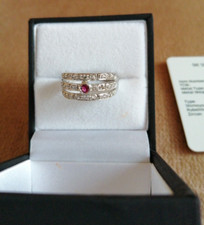 Heavy Solid 9ct Gold Triple Band Ring Rubellite & White Zircon Mined Gems NEW!