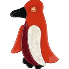 LEA STEIN Brooch Penguin In Red White & Black Acetate Handmade In Paris France