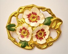 T498) Antique Art Nouveau enamel Wild Rose pressed metal gold tone brooch pin