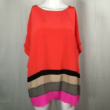 Monsoon Womens Coral Red Striped Silk Short Sleeve Oversize Tunic Top Sz Large
