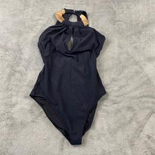 Gideon Oberson Black Halter Neck One Piece Swimsuit Wood Ring Cutout Size 8