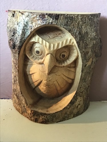 Hand carved wooden owl tree - in,