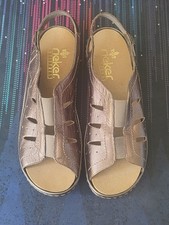 Rieker Ladies New Womens Gold Sandals Wedged Summer Leather Shoes UK Size 7/41