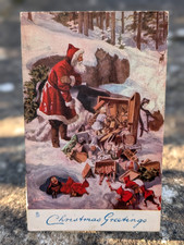 Antique Vtg Father Christmas Santa Snow Toys Sleigh Forest USED Postcard PC490