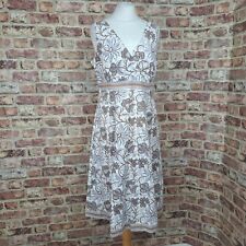 ANOKHI EAST Midi Dress White Brown Floral UK 16 Fit Flare Hand Print 100% Cotton