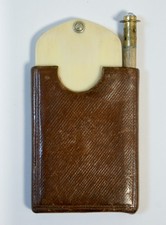 Antique Celluloid Ivorine Fan Style Aide Memoire In Leather Slip Case + Pencil