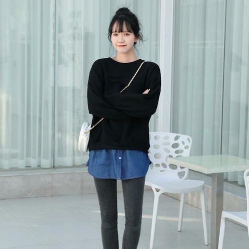 Women denim false hem layering - false,