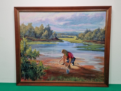 Naive folk art - riverscape, oil