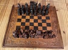 Hand-Carved Balinese Indonesian Wooden Travel Chess Set with Handles in VGC