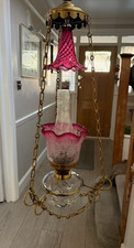 antique hanging cranberry oil lamp smoke bell glass drop in brass chains NO OIL