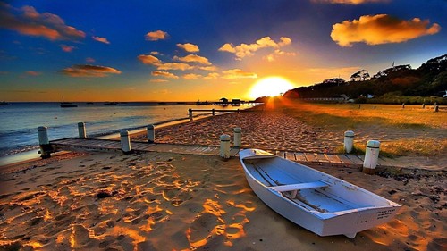 Beach sunset sea boat poster - beach, sea,