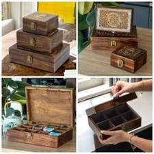 Hand Carved Wooden Tea Storage Box - Bags Boxes Compartments Caddy Chest