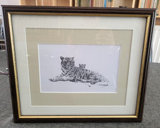 David Shepherd Signed Print Pencil Sketch? of a Tiger & Cub Framed E349