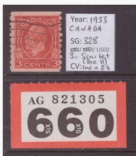 LOT #R660 - Canada - SG328 - 3c Scarlet (Die II) - Perf Imp x 8 1/2 - 1933
