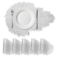 Leaf Shaped Placemats Set of 6 Metallic Vinyl Pressed Placemats, Silver