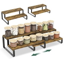 2 Tier Spice Rack Organiser,2 Expandable Wooden Shelf Stand, Rustic Brown+Black