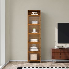 Slim Tall Bamboo Bookcase with Acrylic Doors Storage Cabinet Cupboard 155/170cm