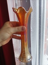 Yellow Carnival Glass Vase, Long Yellow Glass Vase, Decorative Vase