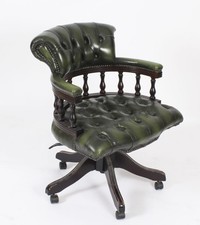 Vintage English Leather Captains Desk Swivel Chair Green 20th Century