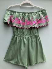 Primark Green Playsuit Size 6 Off Shoulder Sleeveless Shorts Pink Embroidery New